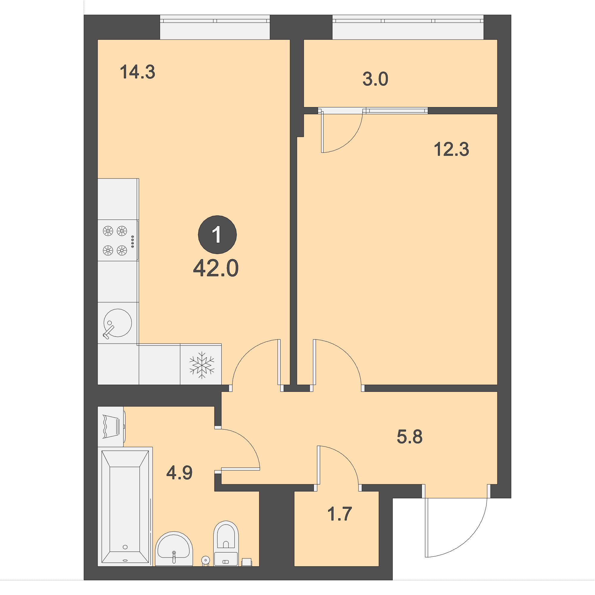 ЖК Дом на Бульваре, 1-комн кв 42,0 м2, за 5 586 000 ₽, 17 этаж